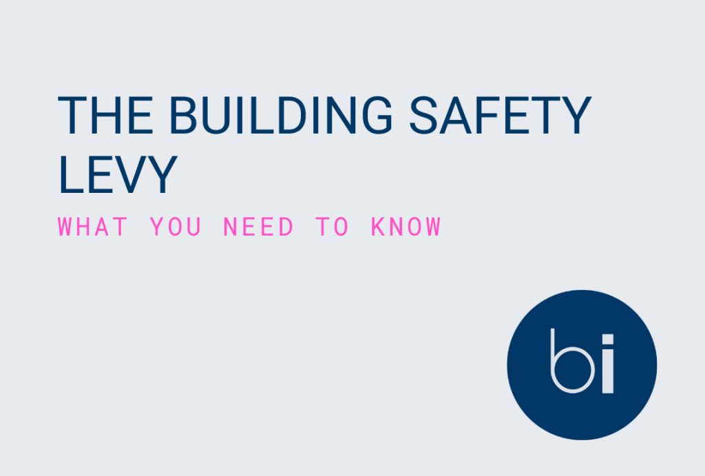 News Blog header grey background with title Building Safety Levy in Navy blue with Build Insight logo