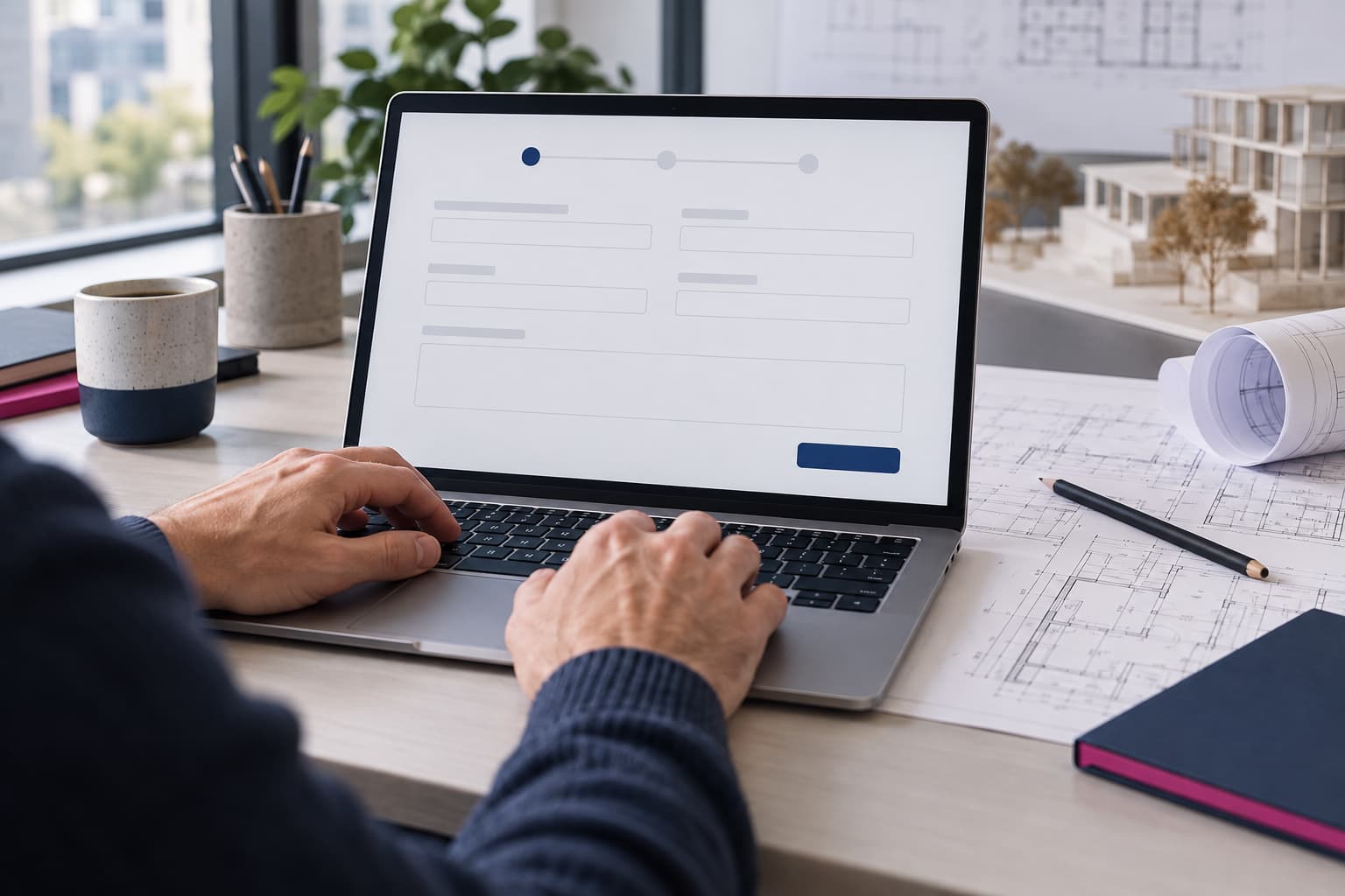 Online application form on a laptop beside building plans