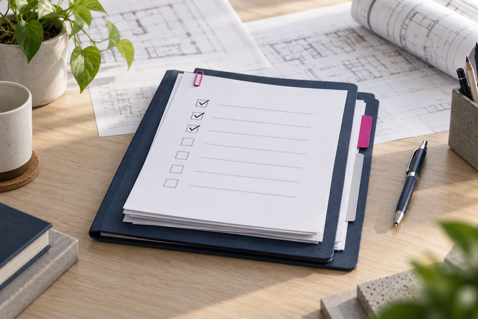 Project forms and notification checklist beside building plans